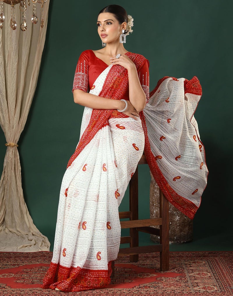 SIRIL Women's Georgette Zari Stripe Printed Bandhani Saree with Unstitched Blouse Piece (4358S274_Red & White) - Image 4