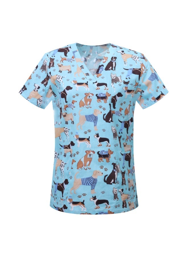 Loquat Womens Medical Scrubs Single Top Medical Uniform Single Printed Top Dog Print on Sky Blue Background - Image 1