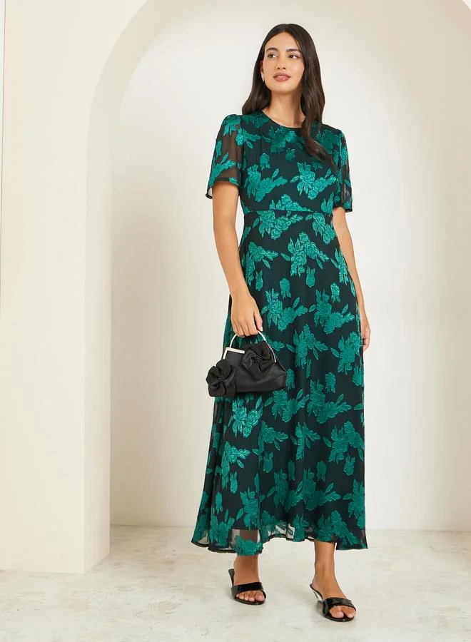 Teal Floral Short Sleeve A-Line Maxi Dress