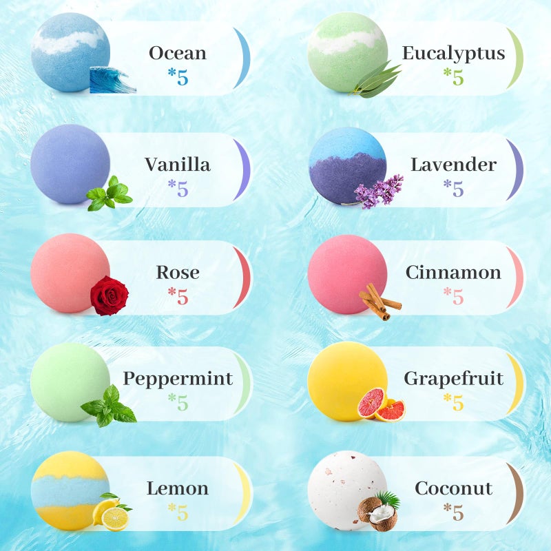 TranquilBliss Bath Bombs Set 50 PCS with 10 Rich Scents, Bath Bombs for Women, Natural Bubble Bombs with Shea Butter & Safe Oil, Ideal for Valentine's Day, Christmas, Birthday, Mother's Day Present - Image 3