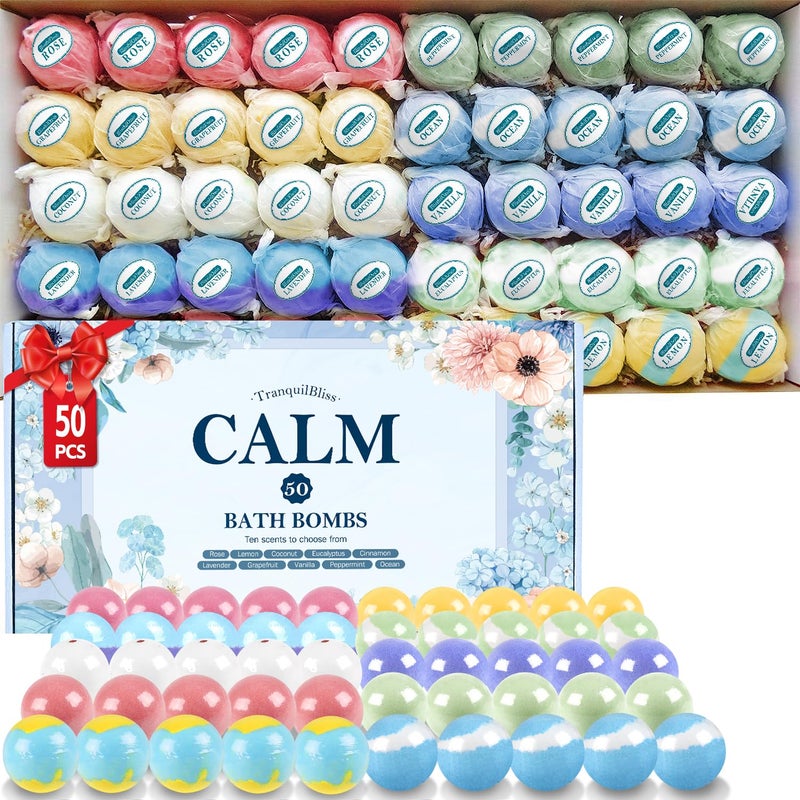 TranquilBliss Bath Bombs Set 50 PCS with 10 Rich Scents, Bath Bombs for Women, Natural Bubble Bombs with Shea Butter & Safe Oil, Ideal for Valentine's Day, Christmas, Birthday, Mother's Day Present - Image 1