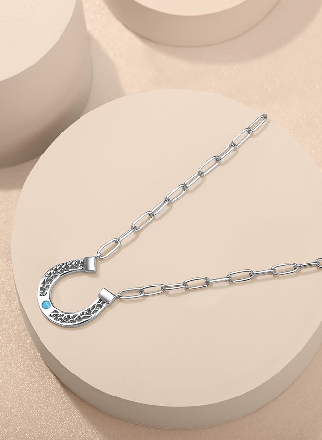 Moonmory Original Design 925 Sterling Silver Horseshoe Pendant Necklace for Women with Turquoise Stones , Simple Lucky Guard Platinum Plated U Shape Vine Necklace With 50CM Adjustable Paper Clip Chain, Ramadan, Mother’s Day, Valentine’s Day Gift - Image 3