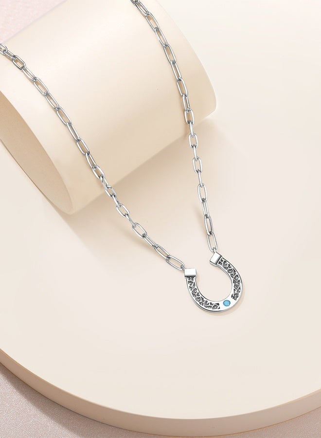 Moonmory Original Design 925 Sterling Silver Horseshoe Pendant Necklace for Women with Turquoise Stones , Simple Lucky Guard Platinum Plated U Shape Vine Necklace With 50CM Adjustable Paper Clip Chain, Ramadan, Mother’s Day, Valentine’s Day Gift - Image 5