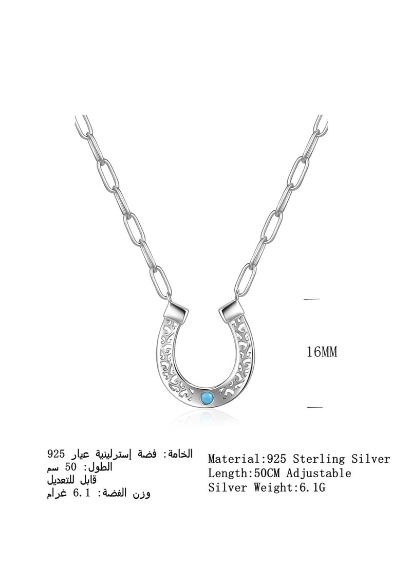 Moonmory Original Design 925 Sterling Silver Horseshoe Pendant Necklace for Women with Turquoise Stones , Simple Lucky Guard Platinum Plated U Shape Vine Necklace With 50CM Adjustable Paper Clip Chain, Ramadan, Mother’s Day, Valentine’s Day Gift - Image 2