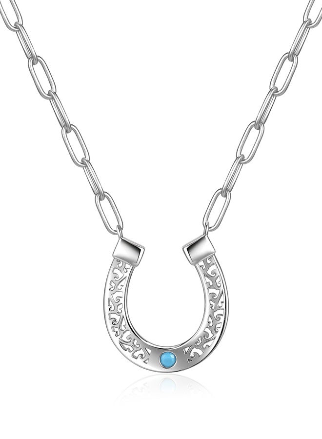 Moonmory Original Design 925 Sterling Silver Horseshoe Pendant Necklace for Women with Turquoise Stones , Simple Lucky Guard Platinum Plated U Shape Vine Necklace With 50CM Adjustable Paper Clip Chain, Ramadan, Mother’s Day, Valentine’s Day Gift - Image 1