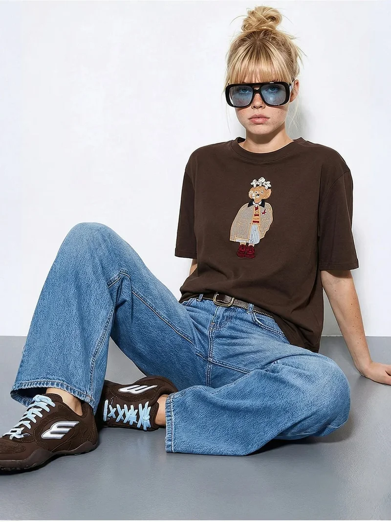 بيانكو لوتشي LUCCI Embroidered Crew Neck Relaxed Fit T-Shirt