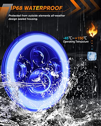 MGLLIGHT DOT 7 Inch LED Headlight Motorcycle Blue Halo High/Low Beam, Motorcycle LED Headlight Projector Angel Eyes Light JK LJ CJ Headlamp Replacement, 1PC - Image 5