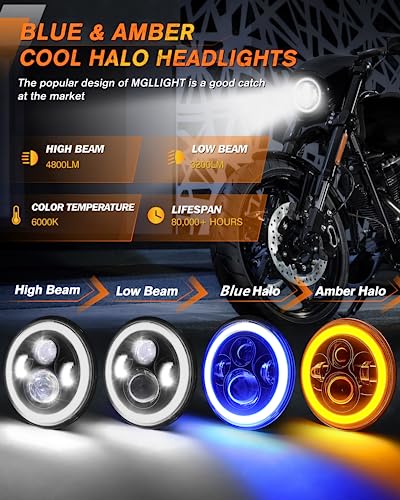 MGLLIGHT DOT 7 Inch LED Headlight Motorcycle Blue Halo High/Low Beam, Motorcycle LED Headlight Projector Angel Eyes Light JK LJ CJ Headlamp Replacement, 1PC - Image 2