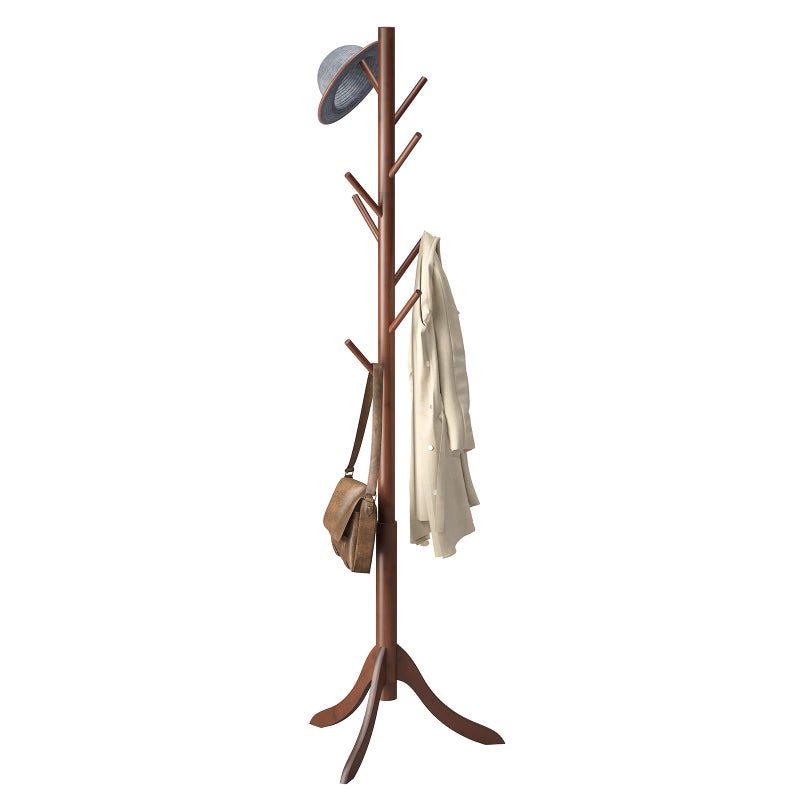 Furshus Coat Rack Freestanding Coat Stands Entryway Bamboo Coat Rack Hat Hanger 8 Hook for Jacket Purse Scarf Rack Umbrella Tree Stand Brown