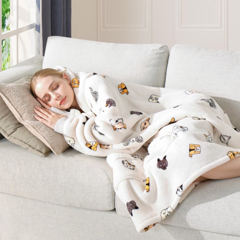 Touchat Wearable Blanket Hoodie  Oversized Sherpa Blanket Sweatshirt for Women with Hood Pocket and Sleeves  Super Soft Warm Plush Hooded Blanket for Adult One Size Fits All (Animal)