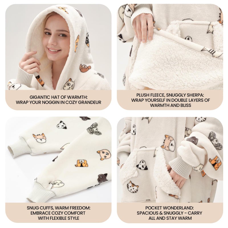 Touchat Wearable Blanket Hoodie  Oversized Sherpa Blanket Sweatshirt for Women with Hood Pocket and Sleeves  Super Soft Warm Plush Hooded Blanket for Adult One Size Fits All (Animal)