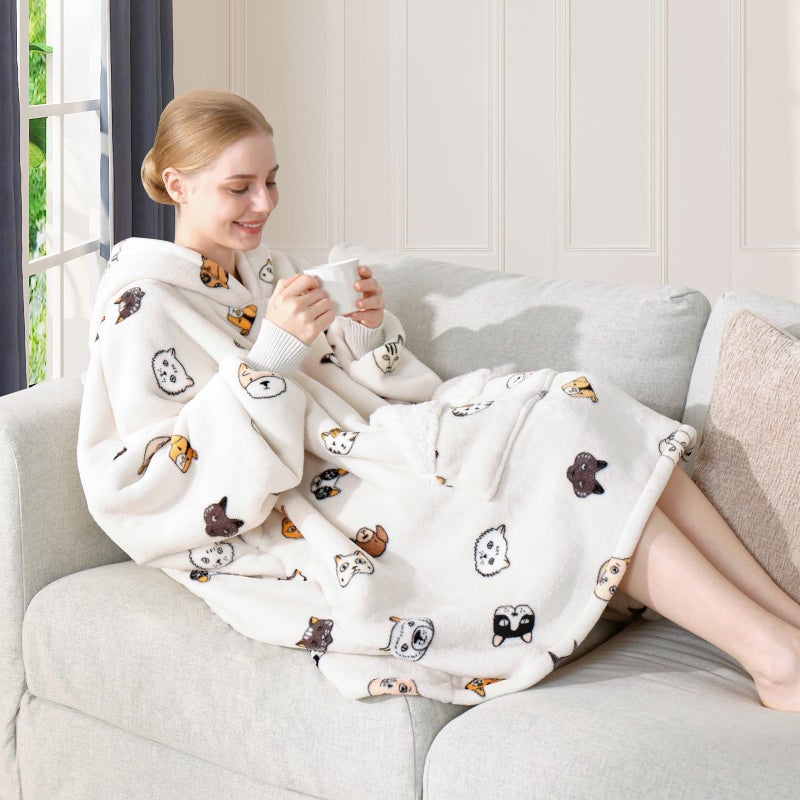 Touchat Wearable Blanket Hoodie  Oversized Sherpa Blanket Sweatshirt for Women with Hood Pocket and Sleeves  Super Soft Warm Plush Hooded Blanket for Adult One Size Fits All (Animal)