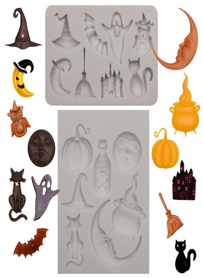 Caregene Halloween Silicone Molds Set, Witch Cat Ghost Moon Castle Pumpkin Face Candy Mold, Halloween Chocolate Making Decorating Tools - Image 1