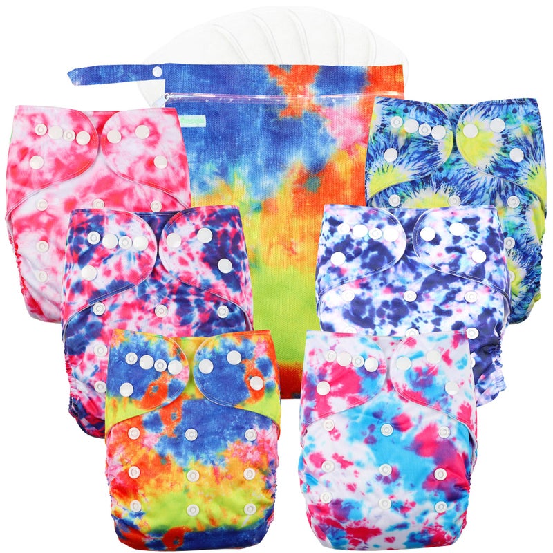 wegreeco Cloth Diapers 6 Pack with 6 Inserts & 1 Wet Bag, Washable Cloth Diapers for Babies, One Size Adjustable Reusable (Tie-dye) - Image 1