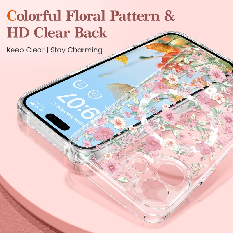 RALEAVO for iPhone 17 Case Compatible with MagSafe Clear Floral Pattern Design Cute for Girls Women Slim Magnetic Hard Back Shockproof Phone Case for iPhone 17,Pink Flowers - Image 2