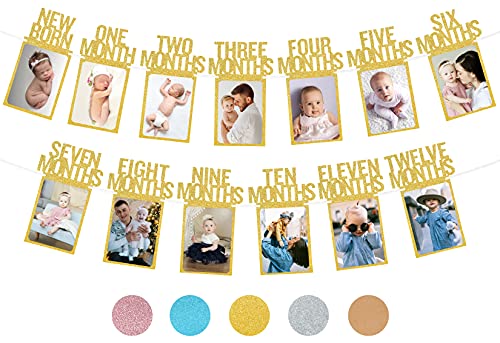 PartyHooman 1st Birthday Photo Banner for Baby from Newborn to 12 Months First Birthday Decorations for Girl Monthly Milestones Garland First Photo Banner Prestrung with Frame Gold - Image 1