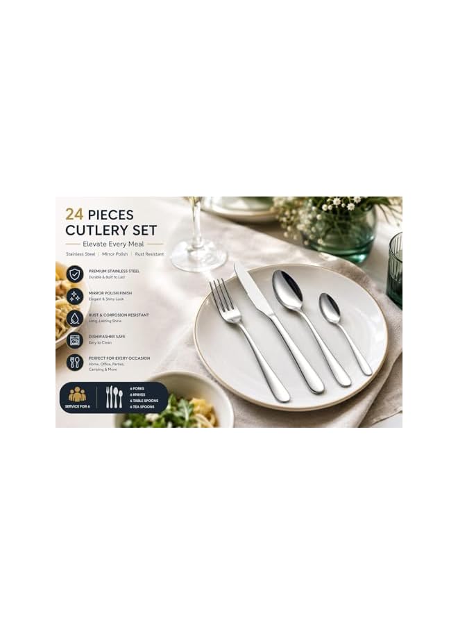 S-TOP 24 Pieces Cutlery Set, Stainless Steel Basic Flatware Cutlery Silverware for Home/Office/Party/Camping, Knife FoSpoon Eating Utensils Set Service for 6, Mirror Polish - Image 2