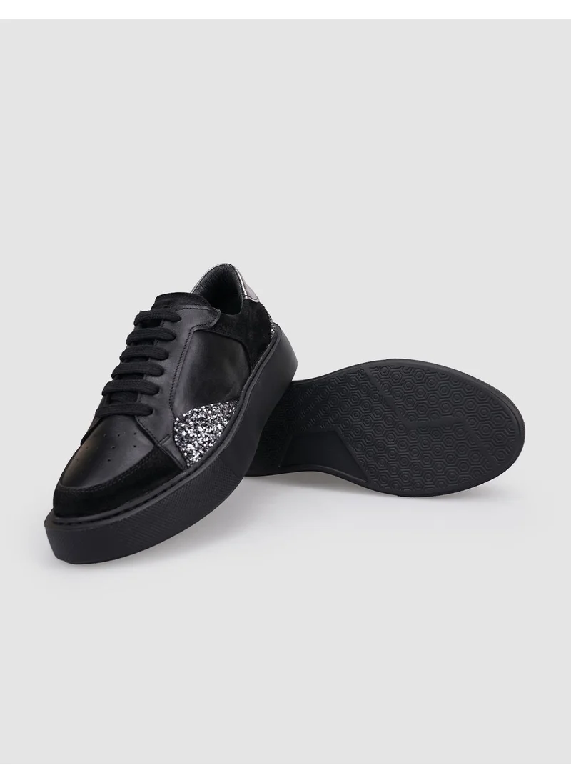 Cabani 100% Genuine Leather Black Sequin Detailed Lace-Up Women's Sneakers