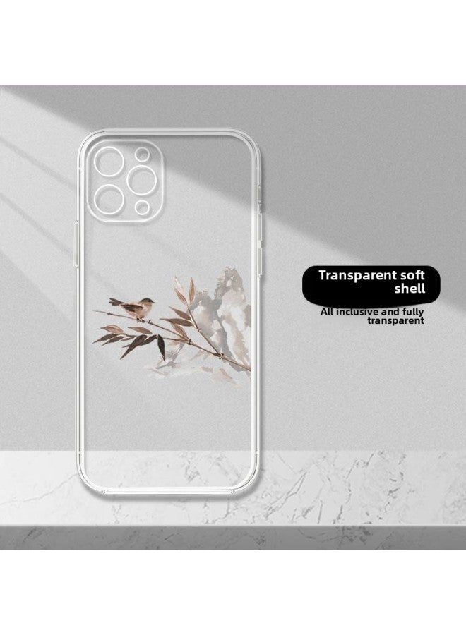Loquat Bamboo Mobile Phone Case For Iphone 13 15 Men's For Iphone14 Chinese Style 12Pro Ink Painting 11 Chinese Style X Ancient-Color:802315-Transparent-Exterior Dimension:For Iphone11  - Image 1