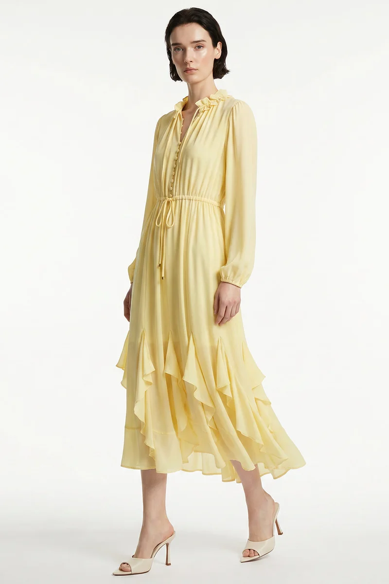Exquise Long-sleeved, drawstring waist, segmented skirt, regular midi yellow dress.
