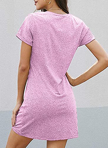 Locryz Womens Cute Knot Shift Dress Short Sleeve V Neck Loose Swing Tunic Mini Dress XL Pink - Image 2