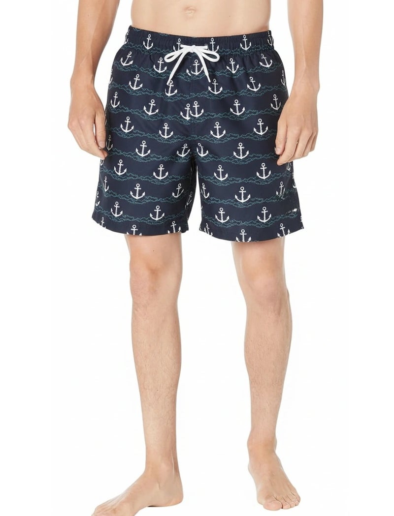 شورت سباحة رجالي، بنقشة مرساة وموجة، بطابع بحري - Image 1