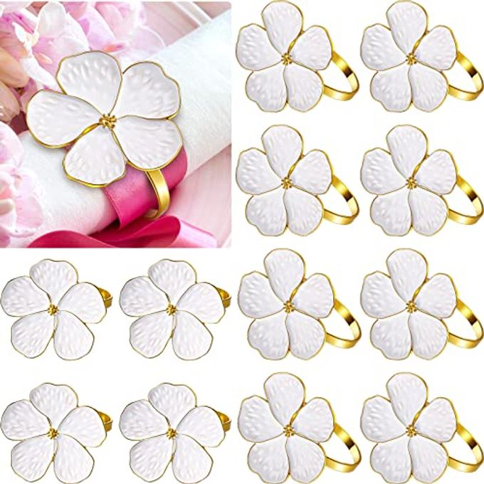 Patelai 36 Pcs White Flower Napkin Rings Bulk Gold Cloth Napkin Holder Set Floral Serviette Buckles Table Decor for Wedding Banquet Birthday Christmas Baby Shower Dinner Daily Use
