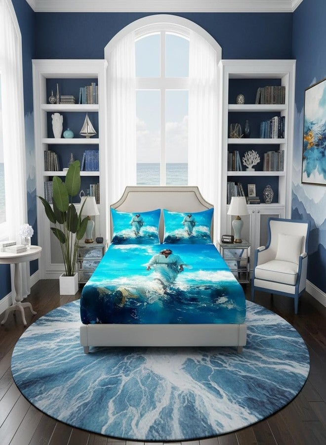 Homewish ملاءات سرير كاملة الحجم مزينة بآيات من الكتاب المقدس، طقم مفروشات سرير مكون من 3 قطع بتصميم شاطئ المحيط الأزرق، مناسب لغرف الأطفال والمراهقين والبالغين، ملاءات سرير مزينة بآيات من الكتاب المقدس، ملاءة ذات جيب عميق مزينة بلوحة زيتية فنية، غطاءان للوسائد. - Image 4