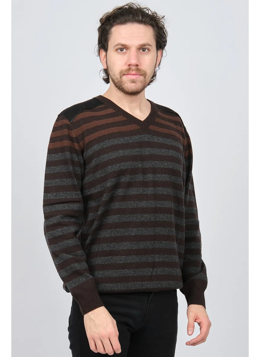 Desen Triko Pattern Knitwear Men's V Neck Patterned Pure Wool Sweater 0246546 Brown