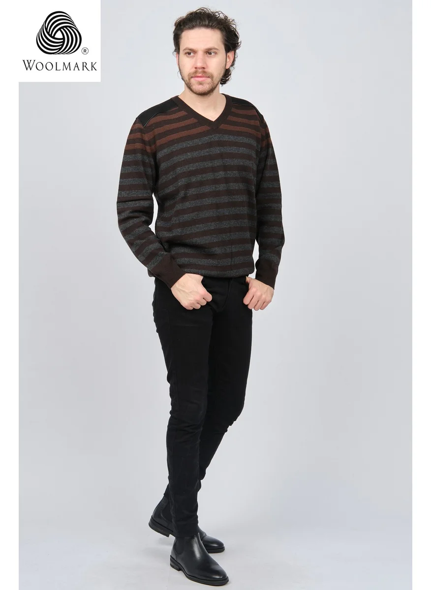 Desen Triko Pattern Knitwear Men's V Neck Patterned Pure Wool Sweater 0246546 Brown