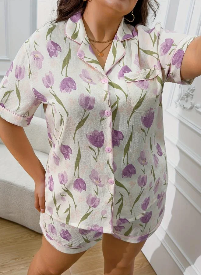 Take Two Plus Size Floral Print Shirt and Shorts Set