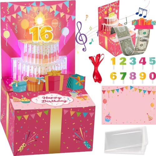 JOYJOM Surprise Musical Pop Up Birthday Card, Money Roll Pull Box, Cash Gift Box for Women, Girls - Image 1