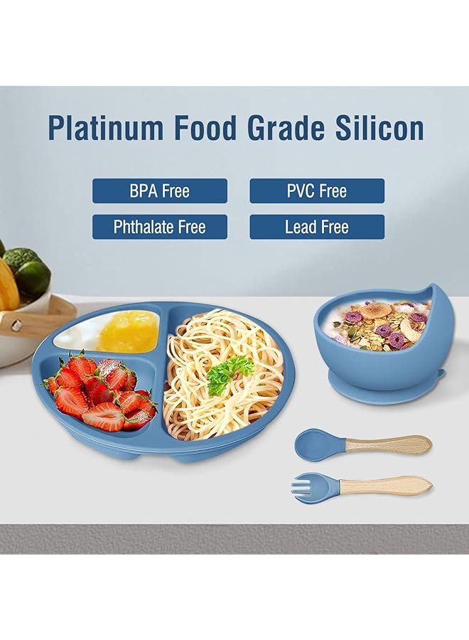 يو-هومي مجموعة تغذية الأطفال المصنوعة من السيليكون، لوازم الفطام للأطفال، وعاء شفط، طبق مقسم، طبق إطعام ذاتي للأطفال الصغار، مجموعة أدوات مائدة مع ملاعق، مريلة، كوب ماصة، أدوات تناول الطعام للأطفال من عمر 6 أشهر فما فوق (أزرق) - Image 4