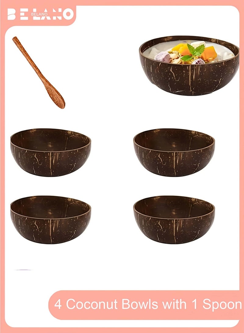 BELANO Coconut Bowls Set with Wooden Spoon, Natural Polished Coconut Shell Bowls (Two Sizes), 5-Piece for Salads & Smoothies - Image 1