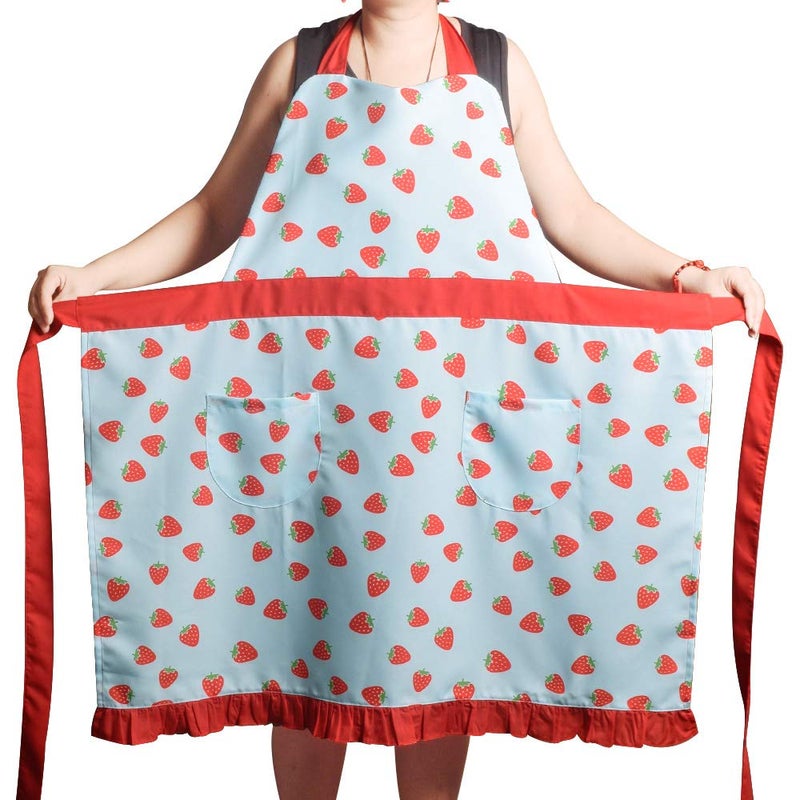 Love Potato Aprons for Women Girls Plus Size Adjustable Kitchen Cooking Apron with 2 Pockets Extra Long Ties 34x36 inch Red Strawberry