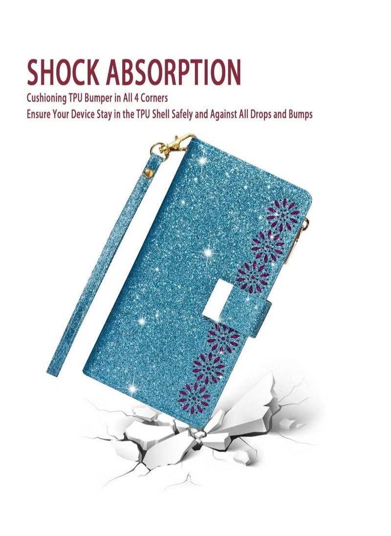 X-level iPhone 15 Plus Wallet Case Cover For Women Luxury Bling Diamond Card Phone Holder Wrist Strap PU Leather Slots Shockproof Protective Back Cover Accessory For iPhone 15 Plus  - Image 4