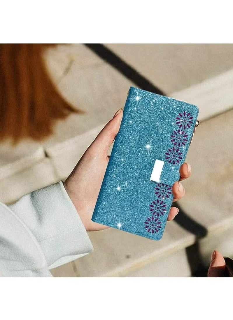 X-level iPhone 15 Plus Wallet Case Cover For Women Luxury Bling Diamond Card Phone Holder Wrist Strap PU Leather Slots Shockproof Protective Back Cover Accessory For iPhone 15 Plus  - Image 5