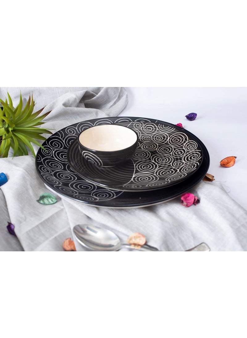 Caffeine Caffeine Ceramic Handmade Stoneware Black Doodle Combo Dinner Set of 15 pcs. (4 Dinner Plate, 4 Quarter Plate, 2 Water Glass, 1 Cutlery, 2 Katori Bowl, 2 Tea Pot)  - Image 3
