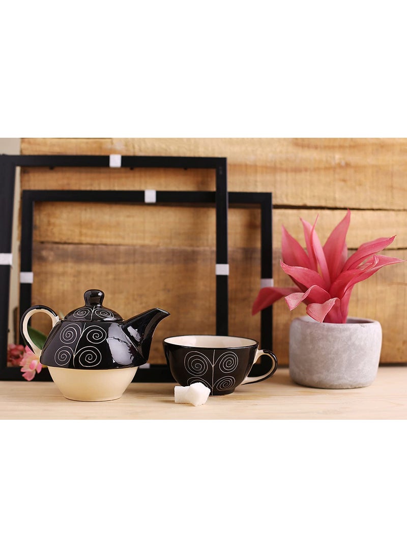 Caffeine Caffeine Ceramic Handmade Stoneware Black Doodle Combo Dinner Set of 15 pcs. (4 Dinner Plate, 4 Quarter Plate, 2 Water Glass, 1 Cutlery, 2 Katori Bowl, 2 Tea Pot)  - Image 5