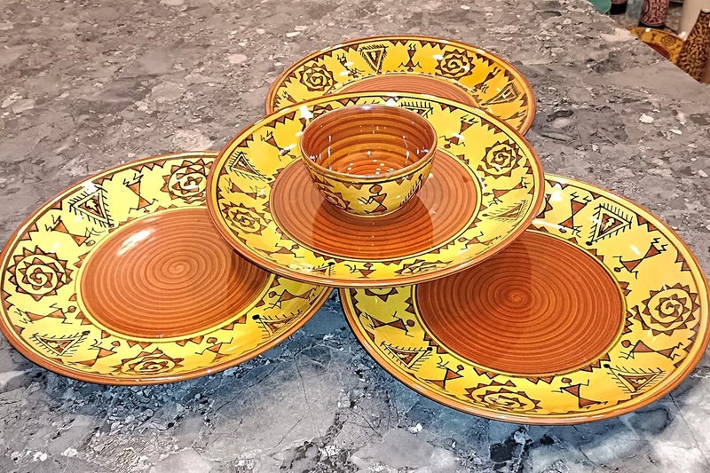 Caffeine Ceramic Stoneware Handmade Mustard Brown Romani Dinner Set of 8 Hand Painted Ceramic Dinner Plates with katori Bowl for Dinner (Microwave & Dishwasher Safe) - Image 2