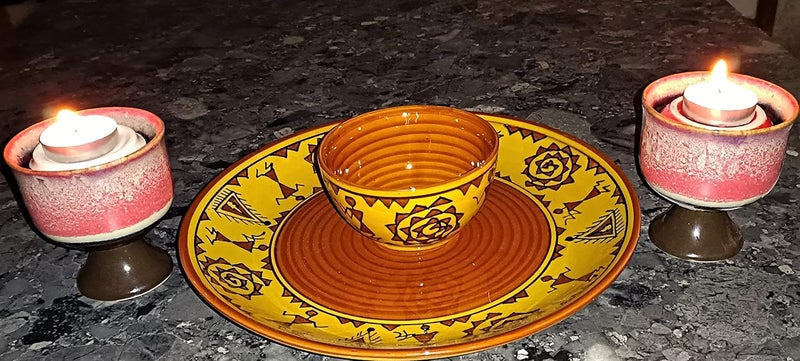 Caffeine Ceramic Stoneware Handmade Mustard Brown Romani Dinner Set of 8 Hand Painted Ceramic Dinner Plates with katori Bowl for Dinner (Microwave & Dishwasher Safe) - Image 4