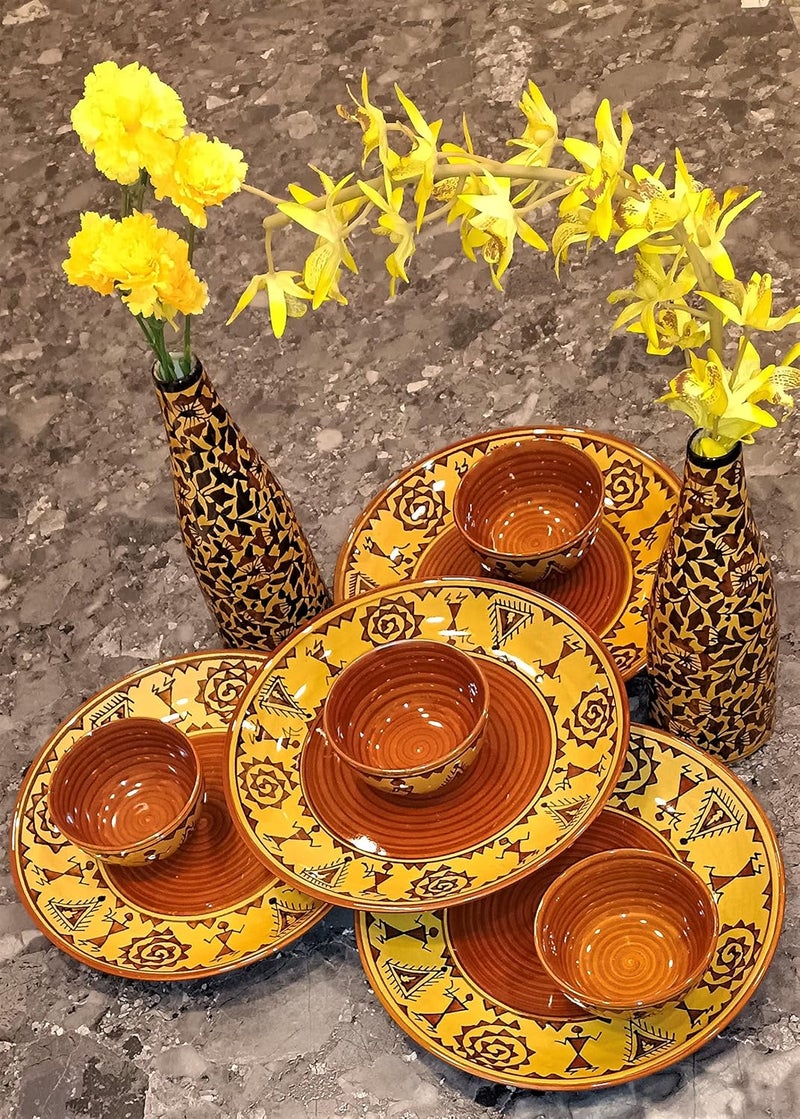 Caffeine Ceramic Stoneware Handmade Mustard Brown Romani Dinner Set of 8 Hand Painted Ceramic Dinner Plates with katori Bowl for Dinner (Microwave & Dishwasher Safe) - Image 1
