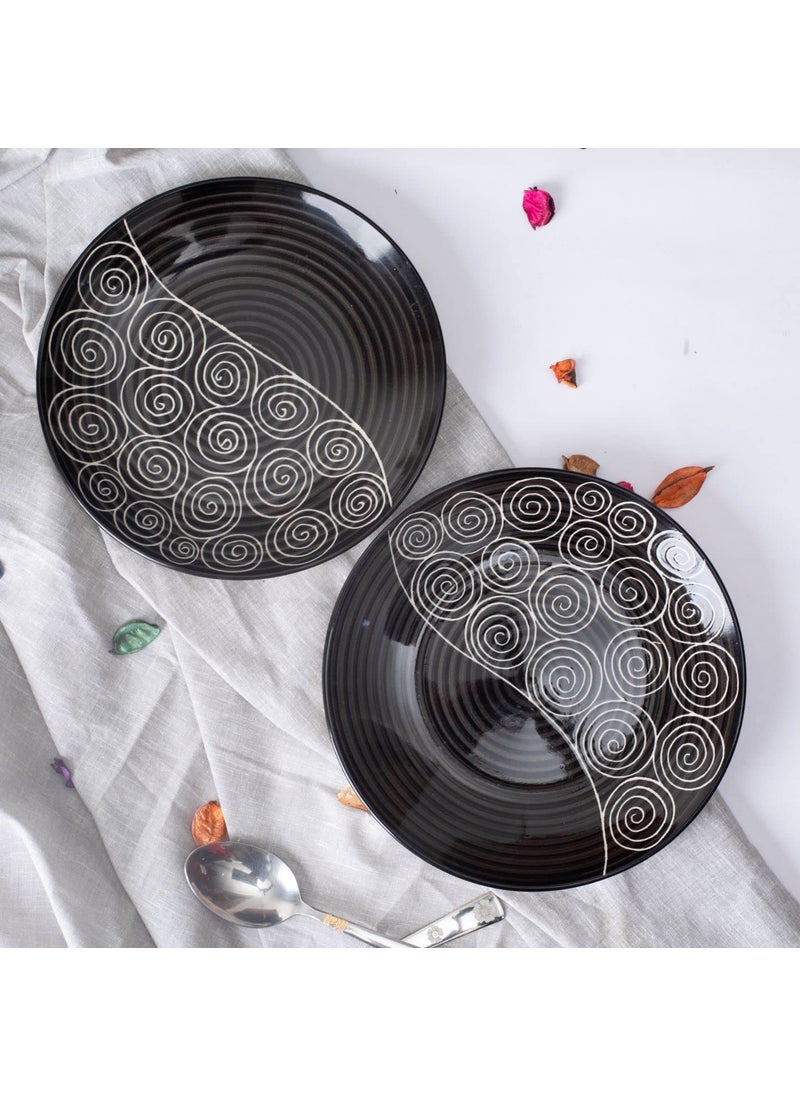 Caffeine Caffeine Ceramic Handmade Stoneware Black Doodle Combo Dinner Set of 15 pcs. (4 Dinner Plate, 4 Quarter Plate, 2 Water Glass, 1 Cutlery, 2 Katori Bowl, 2 Tea Pot)  - Image 4