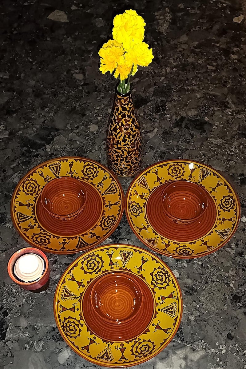 Caffeine Ceramic Stoneware Handmade Mustard Brown Romani Dinner Set of 8 Hand Painted Ceramic Dinner Plates with katori Bowl for Dinner (Microwave & Dishwasher Safe) - Image 3