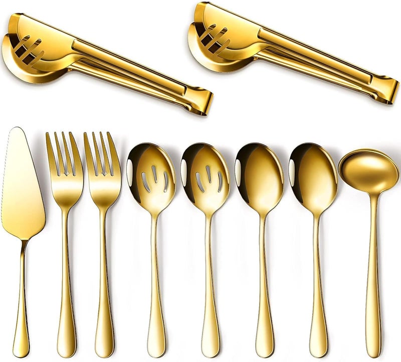 10PCS Stainless Steel Serving Utensils, Large Serving Spoon Set, Slotted Serving Spoons, Serving Forks, Serving Tongs, Buffet Catering Serving Spoon (gold) - Image 1
