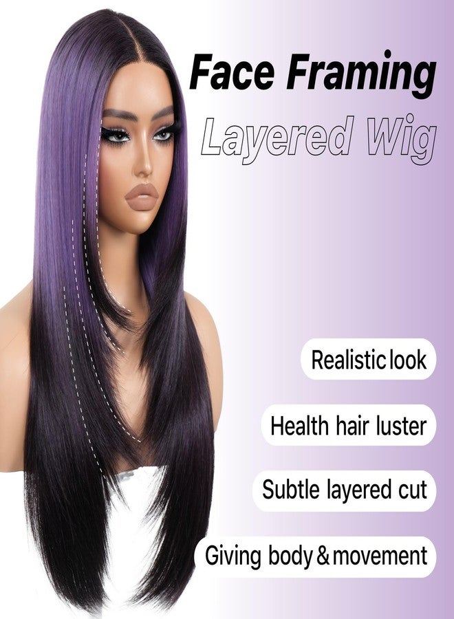BrownBomb Ombre Purple Black Wear and Go Glueless Wigs Pre Plucked Pre Cut for Beginners Synthetic Lace Front Wig with Bangs Long Straight layered Wig HD Lace 26 Inch 3 Seconds to Wear for Beginners - Image 2