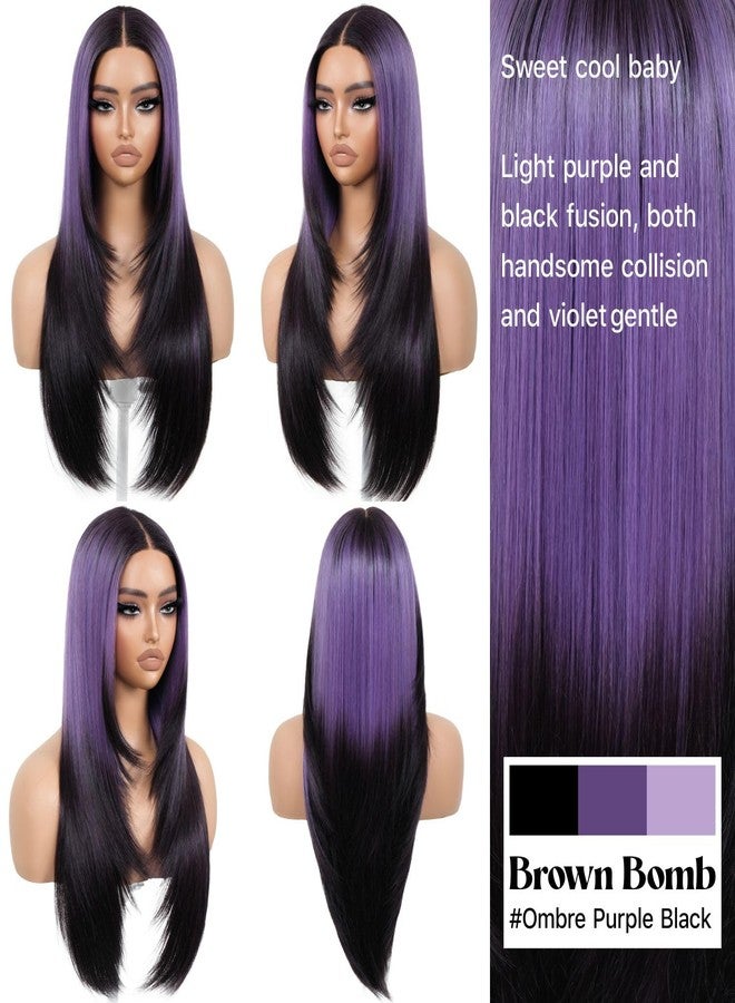 BrownBomb Ombre Purple Black Wear and Go Glueless Wigs Pre Plucked Pre Cut for Beginners Synthetic Lace Front Wig with Bangs Long Straight layered Wig HD Lace 26 Inch 3 Seconds to Wear for Beginners - Image 3