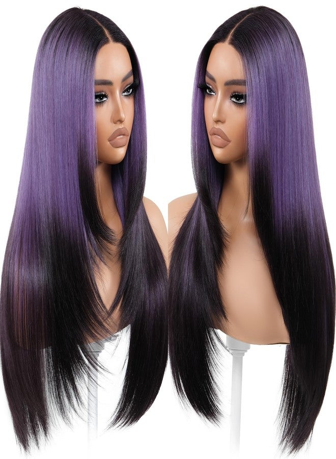 BrownBomb Ombre Purple Black Wear and Go Glueless Wigs Pre Plucked Pre Cut for Beginners Synthetic Lace Front Wig with Bangs Long Straight layered Wig HD Lace 26 Inch 3 Seconds to Wear for Beginners - Image 1