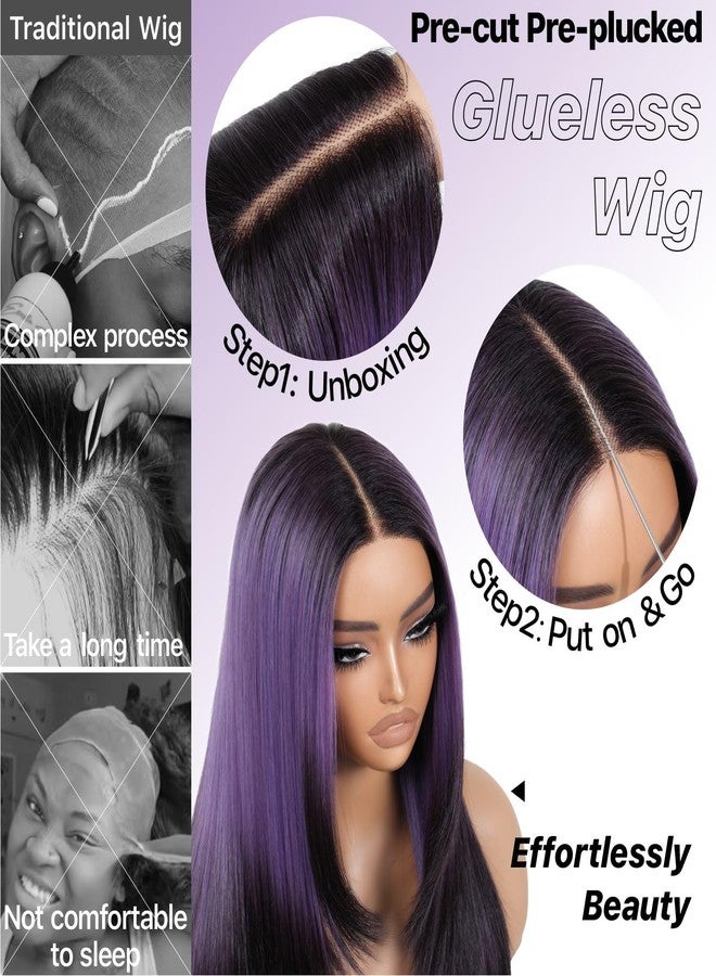BrownBomb Ombre Purple Black Wear and Go Glueless Wigs Pre Plucked Pre Cut for Beginners Synthetic Lace Front Wig with Bangs Long Straight layered Wig HD Lace 26 Inch 3 Seconds to Wear for Beginners - Image 4