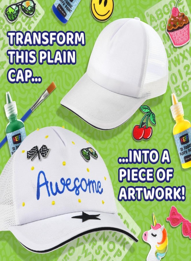 KEFF Decorate Your Own Blank Trucker Hat for Kids - Includes 1 Mesh-Back Cap, 12 Embroidered Patches (Stick on Patches), 5 Puff Paints, Paint Brush, Palette, 3-Style Letter Stencils & Instructions - Image 4